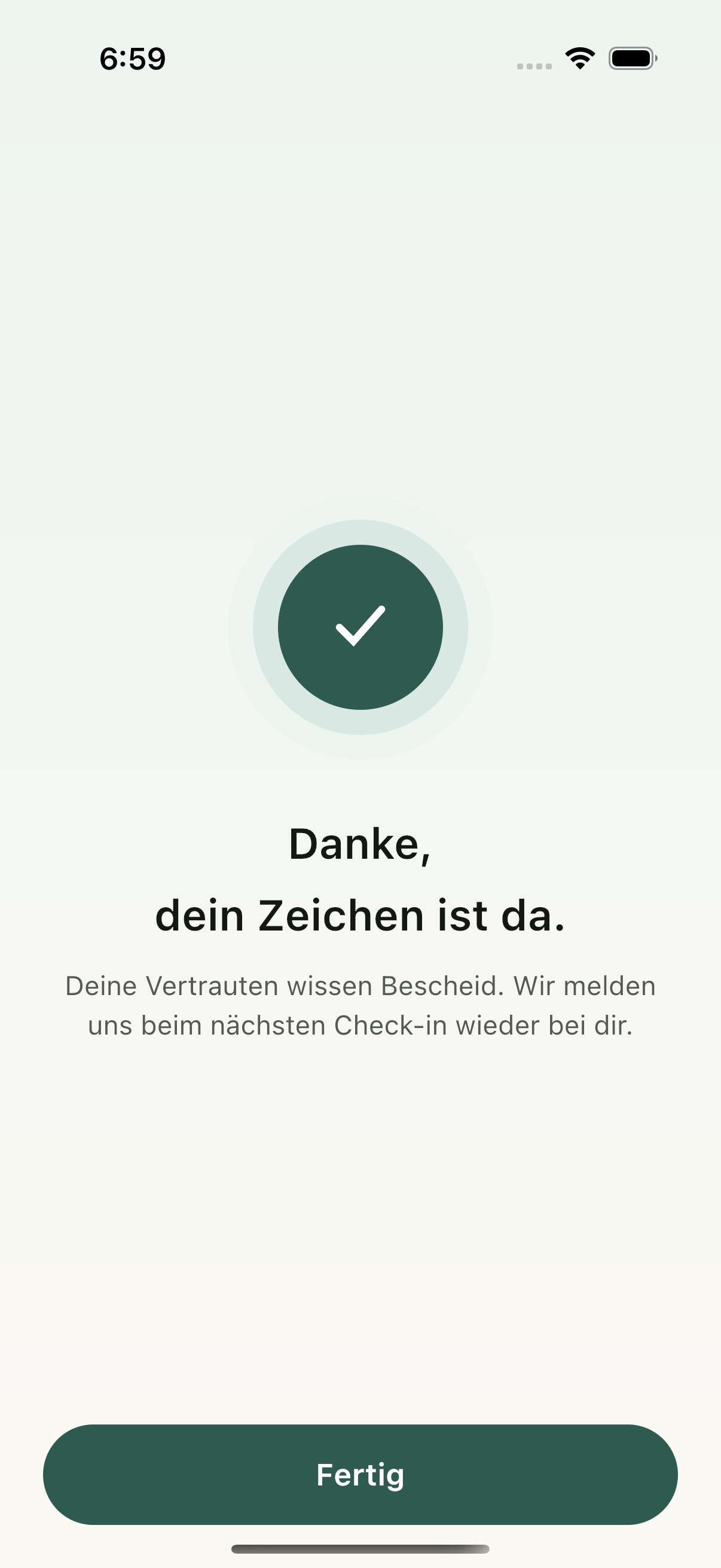 Bestätigung nach dem Senden eines Lebenszeichens