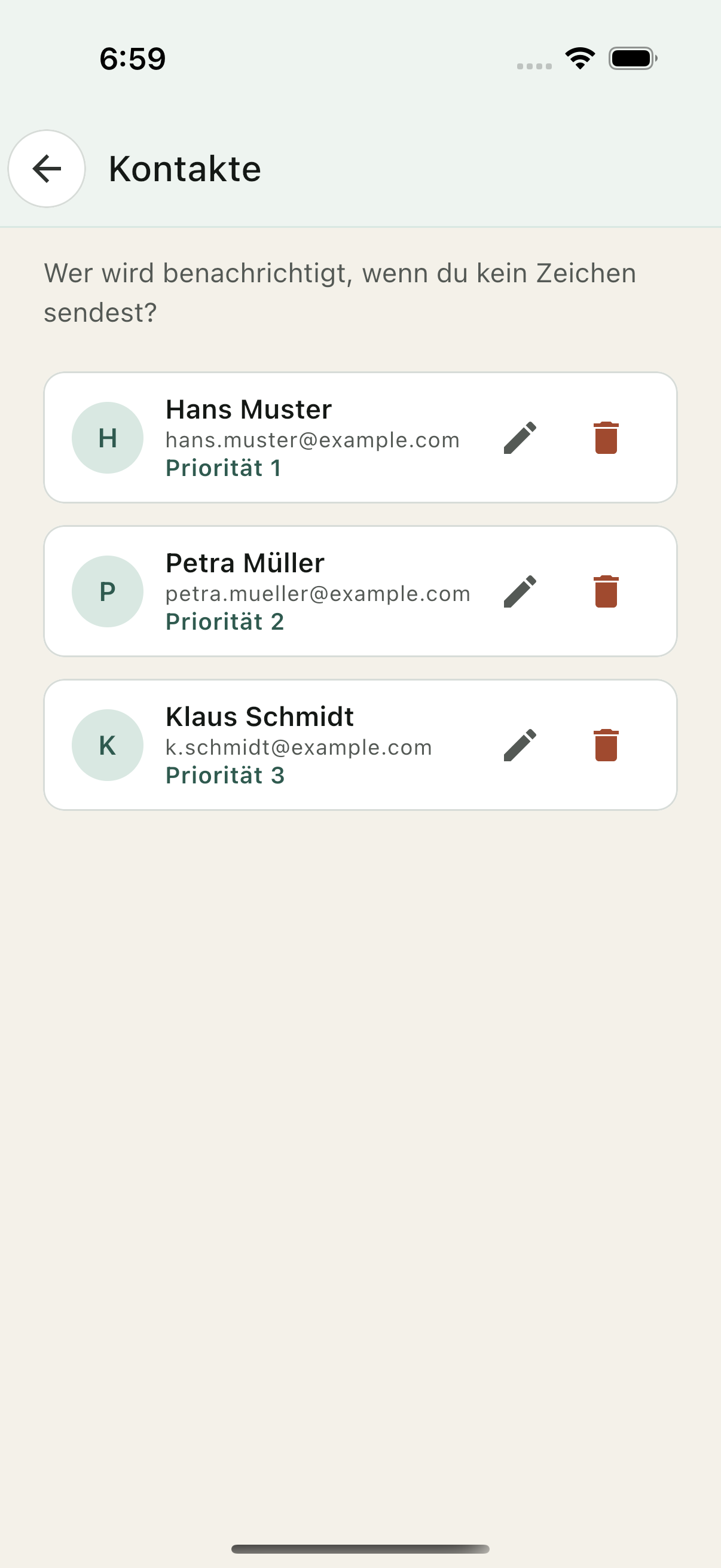 Kontaktliste mit Vertrauenskontakten in der Ondira App