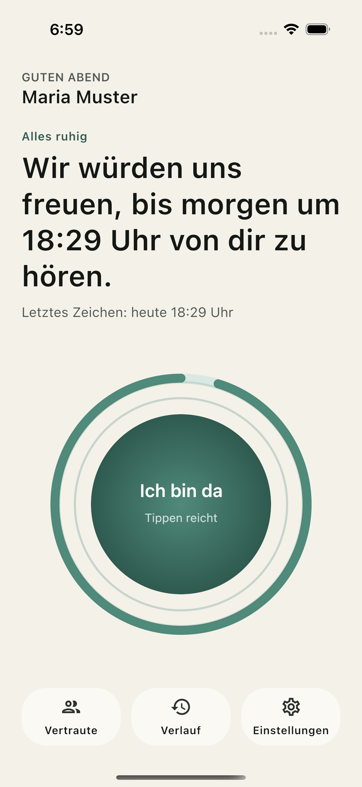 Hauptansicht der App mit dem Senden-Button