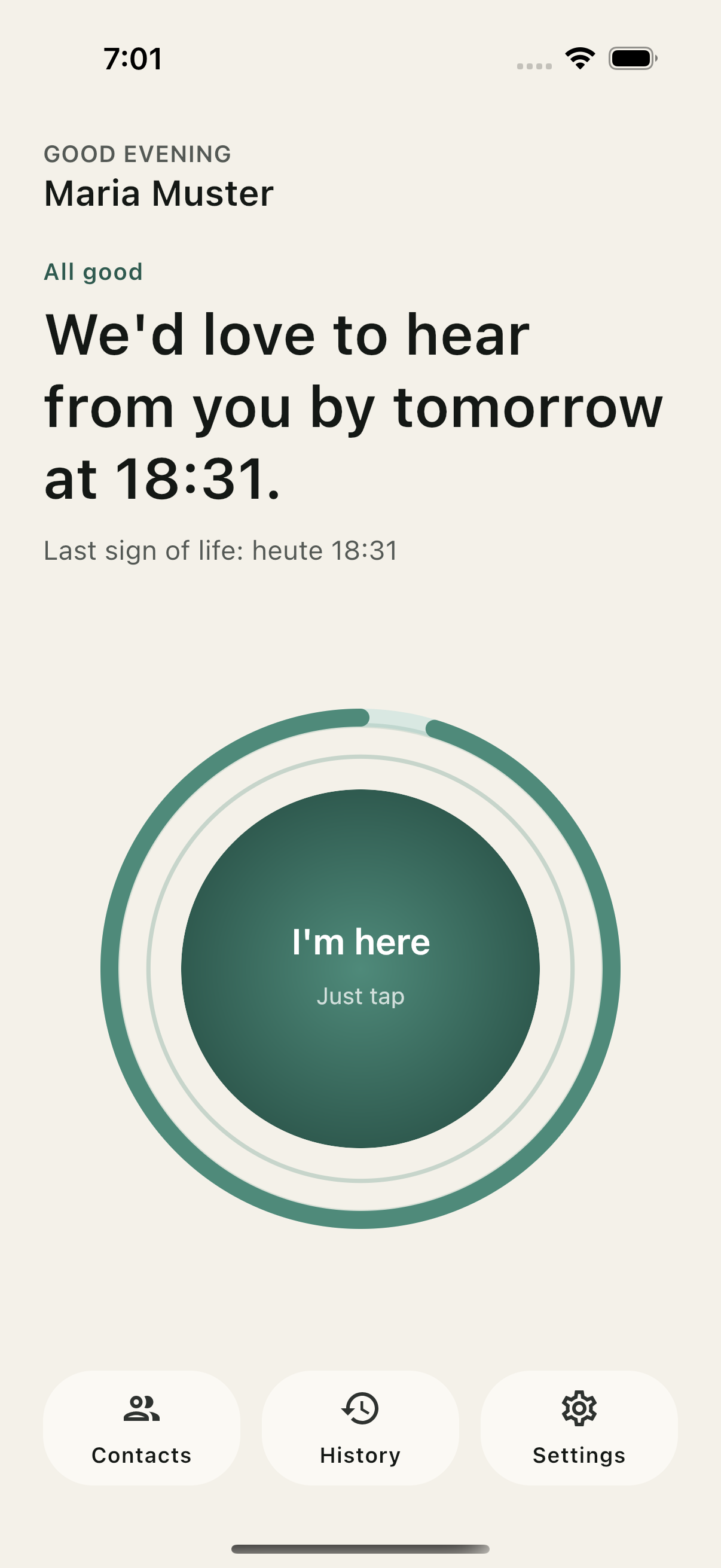 Main app view with send button and check-in status
