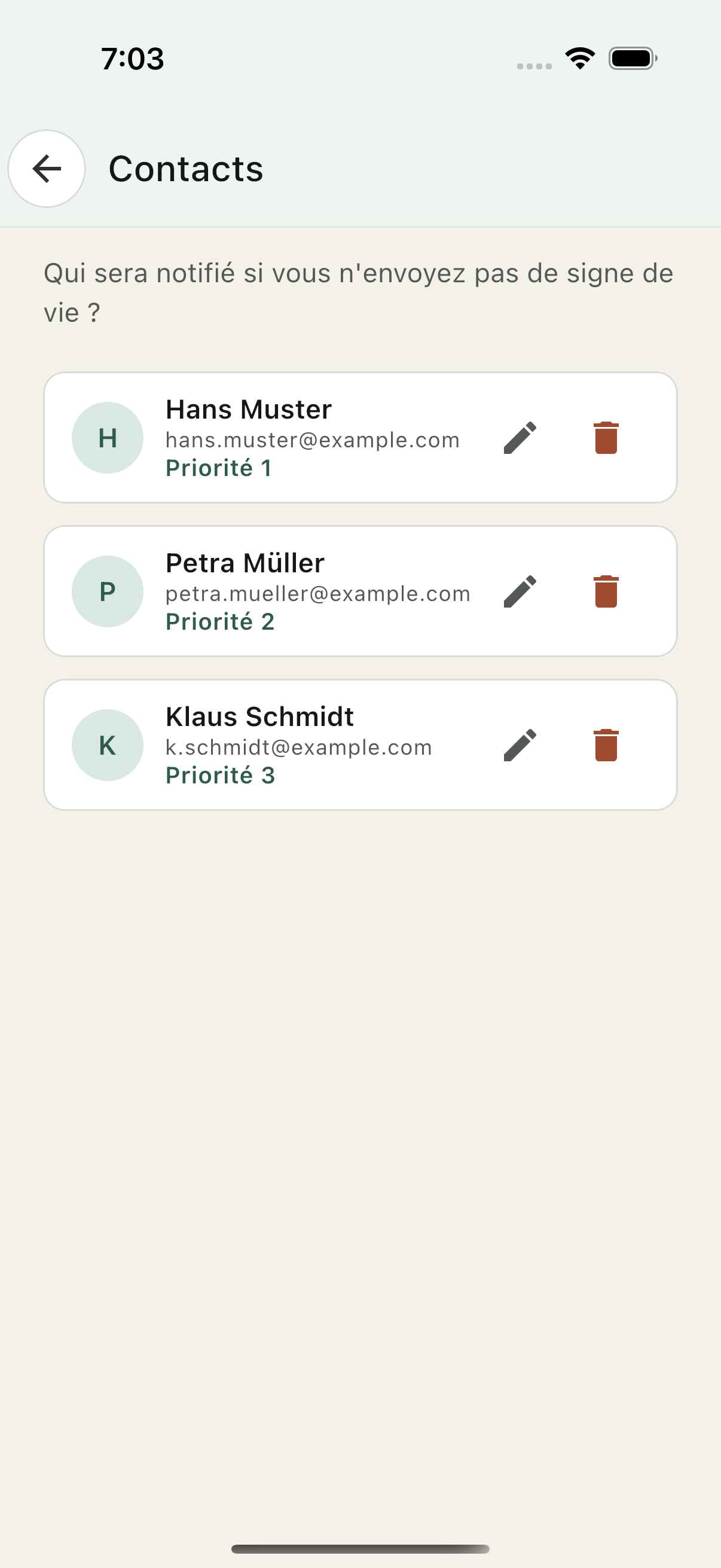 Liste des contacts de confiance dans l'app Ondira