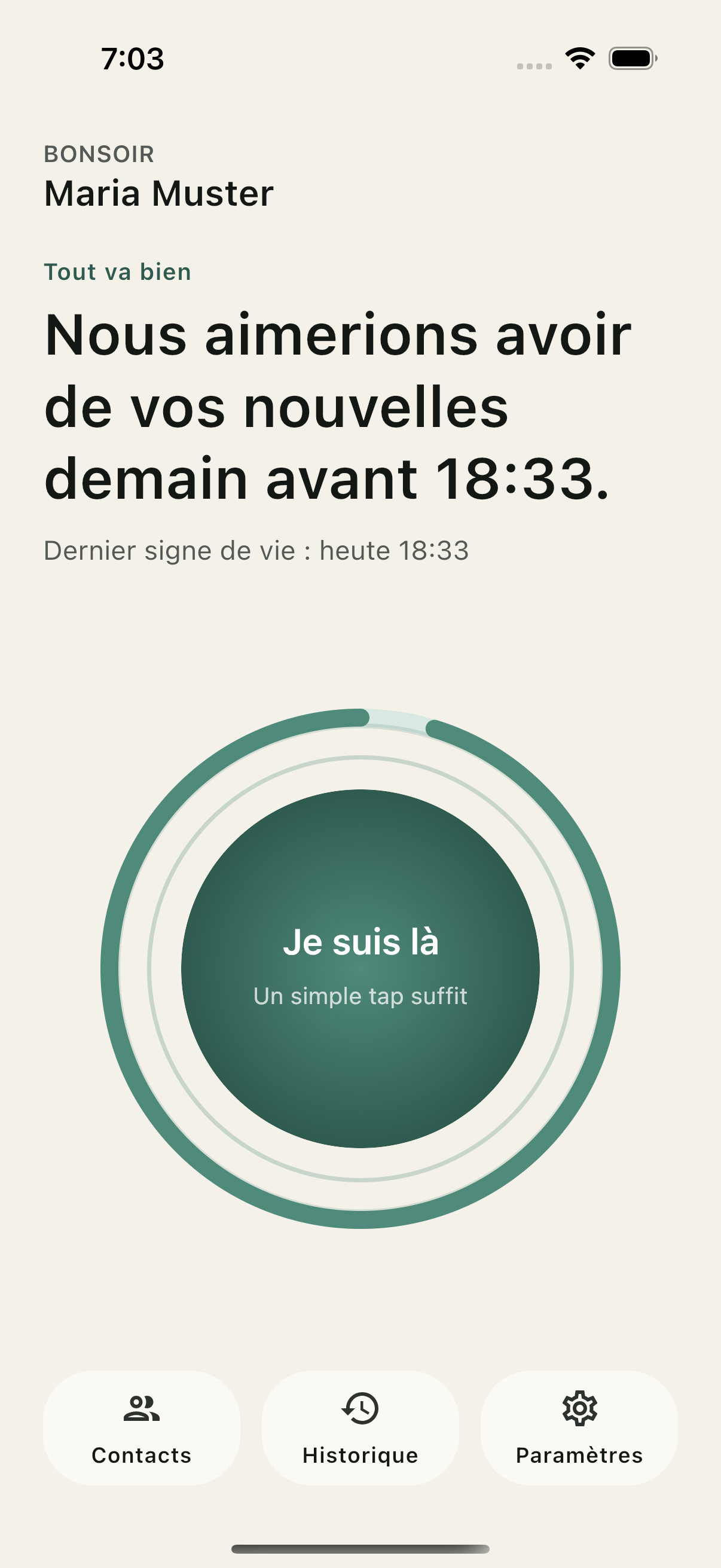 Vue principale de l'app avec le bouton d'envoi et le statut